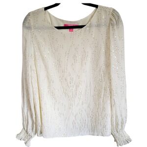 Lilly Pulitzer L Idina Long Sleeve Silk Top Size Large Cream‎ Gold RV $198 NWOT